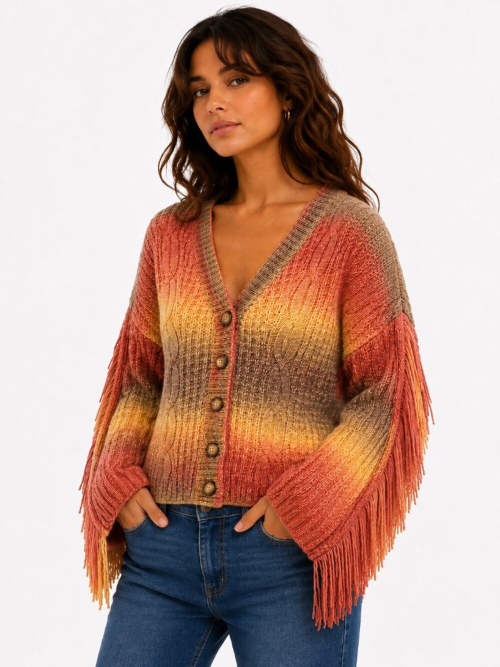 Fringe Sleeve Cardigan Sam Edelman Ombre Cable Knit Oversized Boho NWT Small